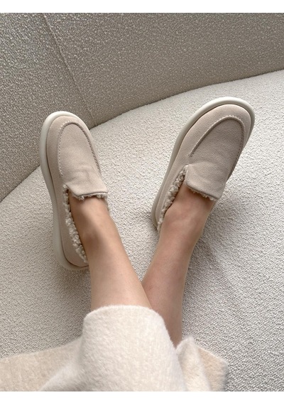Ervanın Butiği Bej Süet Juno İci Peluş Kadın Loafer-5973