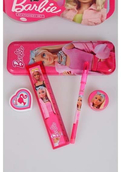 X Dekomus Lisanslı Barbie Yıldız Tasarımlı 5'li Kırtasiye Seti Metal Kalem Kutusu,cetvel,kalem Açık Gri