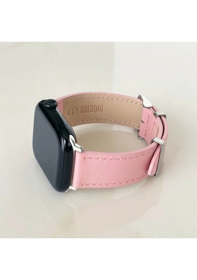 Goldoni Apple Watch Uyumlu Pembe İnce Gerçek Deri Kordonu Metal Köprülü