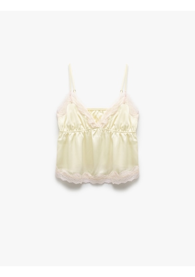 Koton Dantel Detaylı V Yaka İnce Askılı Saten Pijama Üst Sarı 5slk90024mw Sari