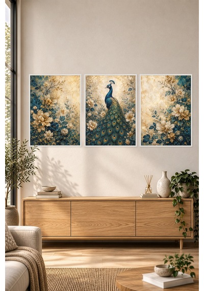 Zümrüt Tavus Kuşu 3'lü Mdf Tablo Seti Gerçek Ahşap Çerçeveli Modern Salon Yatak Odası Duvar Tablosu Renk: Beyaz
