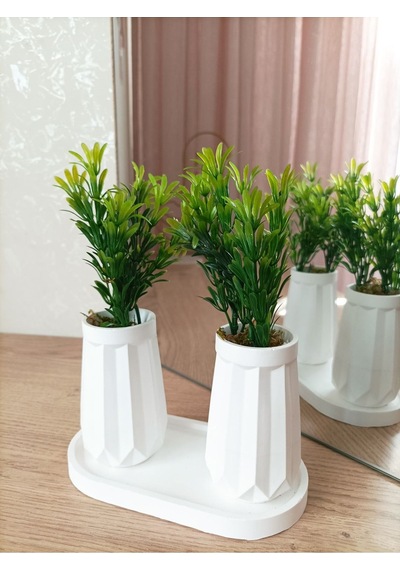 Mini Düz Desenli Beton Saksı İkili Ve Oval Tabak-yapay Çiçek Hediyeli - Yeşil