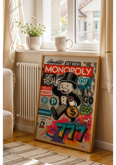 Monopoly Get Rich Çerçeveli Tablo Angel Number 777 Genç Girişimci Yatırımcı Ofisi Dekoru Street Art