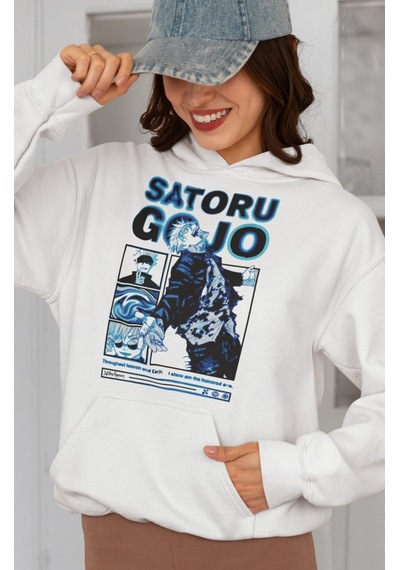 Sevbano Satoru Gojo Jujutsu Kaisen Baskılı Unisex Oversize Anime Hoodie beyaz