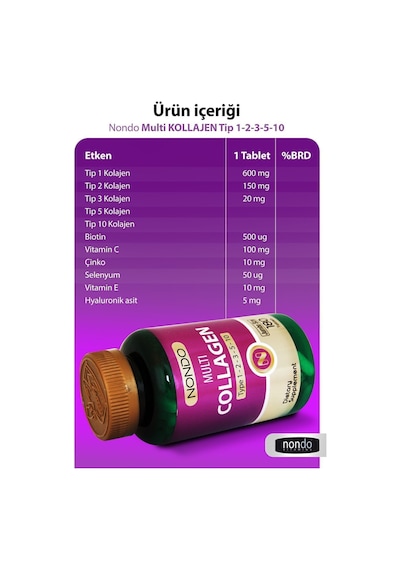 Nondo Multi Kolejen 180 Tablet jumbo Boy 5 Çeşit Kolajen Tip 1-2-3-5-10 Hyalüronik Asit Çinko