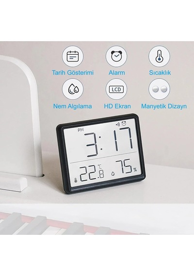 Mıknatıslı Lcd Dijital Ekran 9x7 Cm Pilli Mini Saat Alarm Saat Nem Göstergesi Sıcaklık Ölçer
