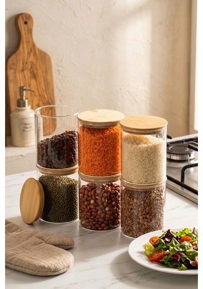 Porsima 1-3 Bambu Vakumlu Kapaklı Yuvarlak Borosilikat Cam 6lı Kavanoz Seti Saklama Kabı 750ml 10x12cm Cam - Şeffaf