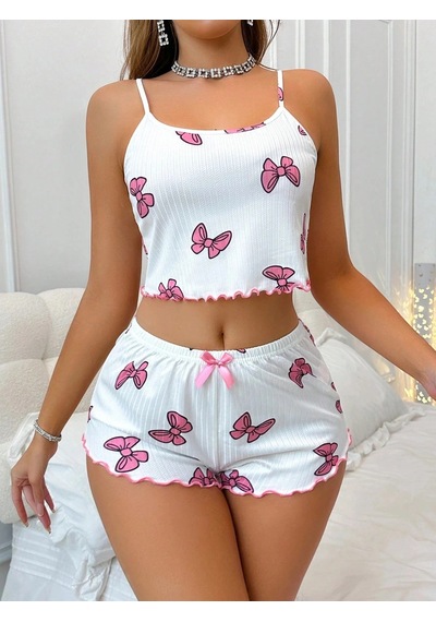 Mega Fair Kadın Fiyonklu Beyaz Şortlu Pijama Takımı Çok Renkli