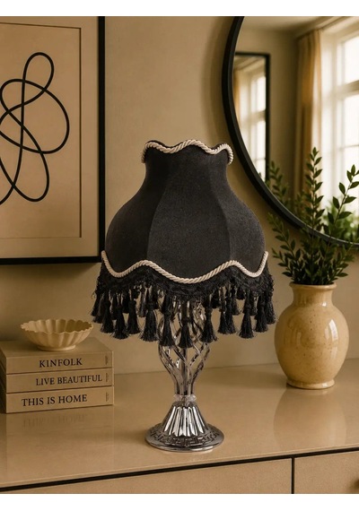 Füme Kadife Kaplı El Yapımı Başlık Metal Ayaklı Klasik Model Vintage Abajur 55x25cm
