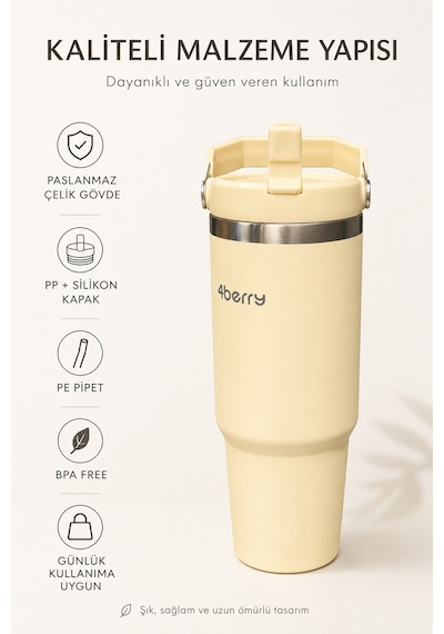 Ss119 900 Ml Çelik Termos Bardak Pipetli Kulplu Taşınabilir Su Matarası Krem