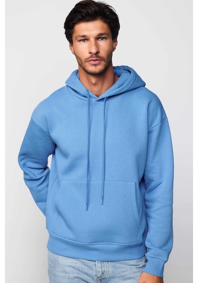 Tudors Oversize Pamuk Kapüşonlu Basıc Mavi Unisex Sweatshirt-29405-mavi Mavi