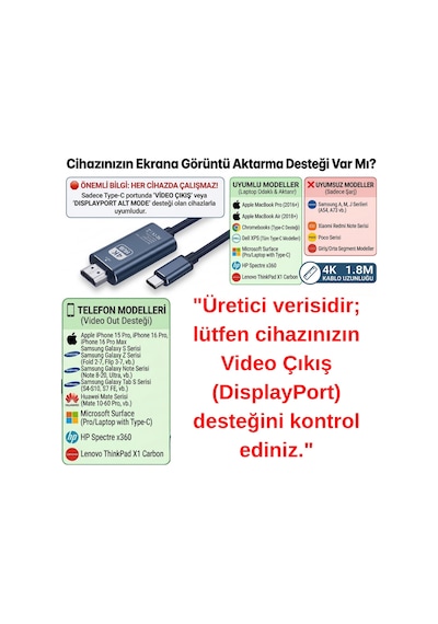 4k Ultra Hd Type-c To Hdmı Görüntü Aktarım Kablosu - 1.8 Metre Alüminyum Gövde Tak Çalıştır