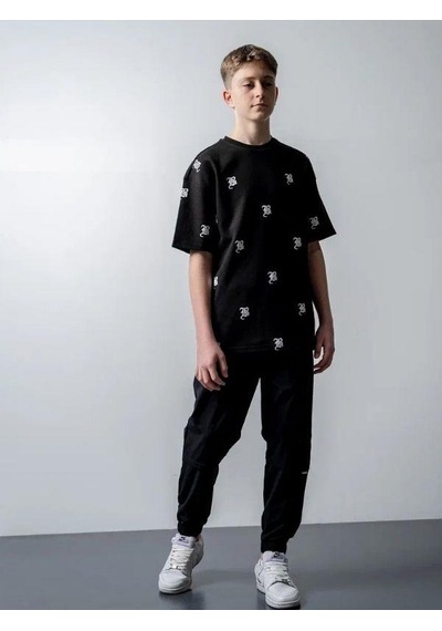 Zekids Erkek Çocuk Harf Baskılı Oversize Tshirt-15546 SIYAH