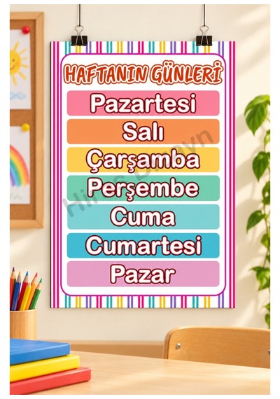 Hiras Dizayn Haftanın Günleri Eğitici Afiş A3, 30 42 Cm
