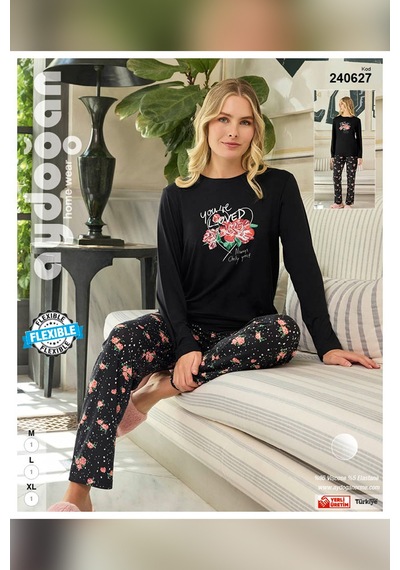 Aydoğan Kadın Ezgi Flexible You're Loved Siyah Pijama Takım 0627 Siyah