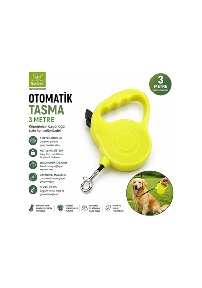Nunbell Otomatik Köpek Gezdirme Tasması 3 Metre Kilitli Şeritli - Neon Sarı Çok Renkli