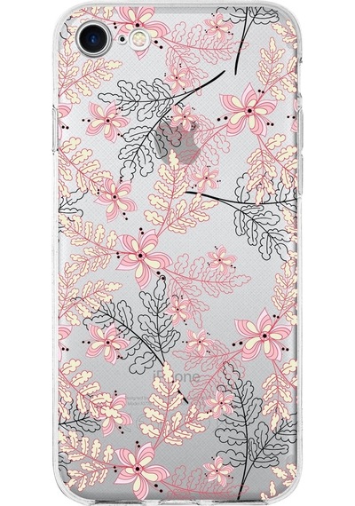 Apple Uyumlu iPhone 8  Kapak Floral Kırmızı Tasarımlı Şeffaf Silikon Kılıf