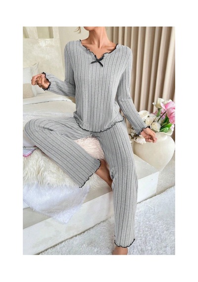 Fantezia Night Kadın Gri Çizgili Uzun Kollu Fiyonk Detaylı Pijama Takımı Rahat Mevsimlik