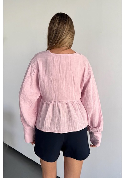 Jee Lee Kadın V Yaka Bağlama Detaylı %100 Pamuklu Bluz Pembe - 26y 1003 Pembe