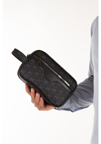 Newish Polo Desenli Siyah Vegan Deri Portföy-clutch Traş/makyaj Ve El Çantası Günlük, Seyahat - Erkek Siyah