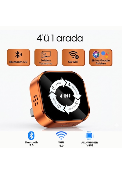 4'ü 1 Arada Ekran Yansıtmalı Kablosuz Carplay & Android Auto Dönüştürücü, İos&android Uyumlu Diğer