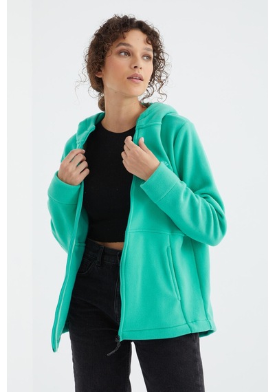 Tommy Life Deniz Yeşili Kapüşonlu Fermuarlı Rahat Form Kadın Polar Sweatshirt - 97233 Yeşil