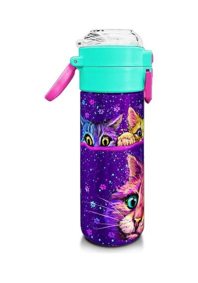 Coral High Kids Mor Pembe Kedi Desenli Pipetli Ve Direkt İçim Çelik Termos 500 Ml 31939 Mor - Açık Pembe