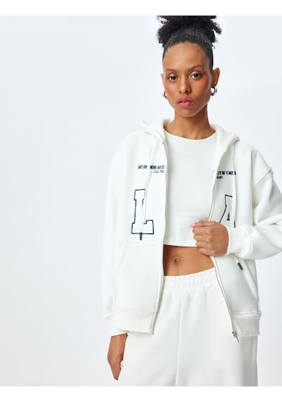 Koton Üç İplik Şardonlu Nakış Detaylı Cepli Kapüşonlu Sweatshirt Beyaz 5sak10009uk Beyaz