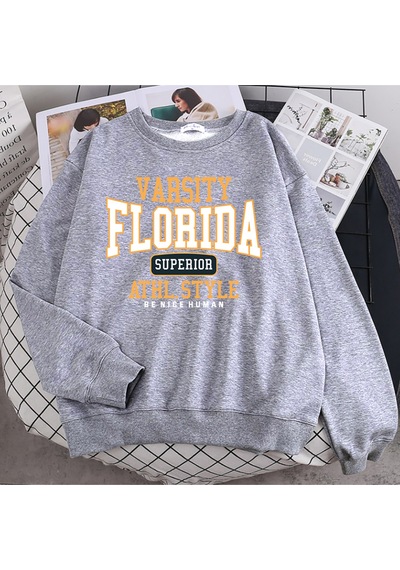 Startmore Startmoretrend Casual Kadın Kazak Florida Üstün Athl Tarzı Baskı Hoody Sıcak Damla Kollu Kazak Crewnec Gri