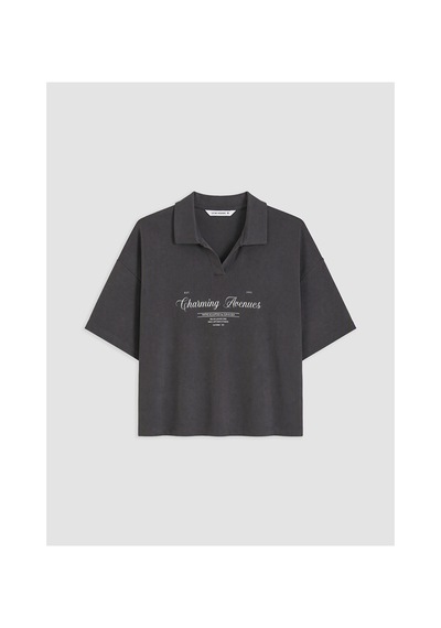 Lcw Young Antrasit Polo Yaka Baskılı Kadın Pijama Takım