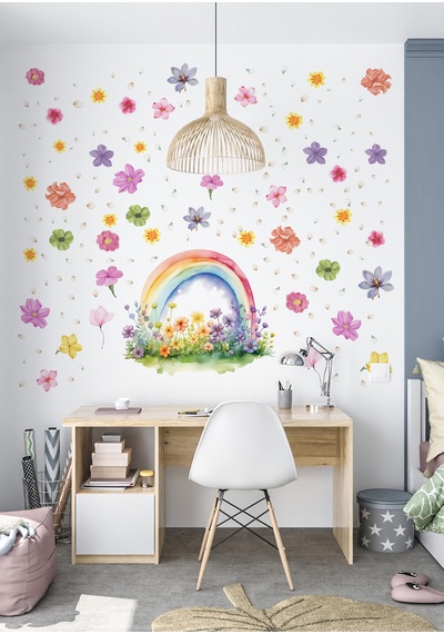 Gökkuşağı & Çiçek Duvar Sticker Mat, Sökülebilir, Dekoratif Duvar Süsü 01