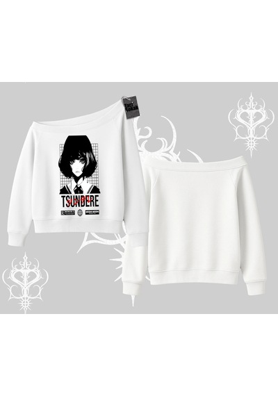 Startmore Kayık Yaka Sweatshirt Tsundere Anime Japanese Style Baskılı Beyaz