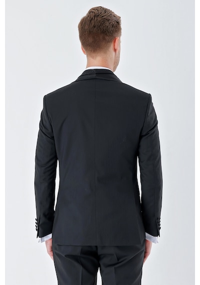İmza Siyah Çizgili Çıkarılabilir Şal Yaka Yelekli 6 Drop Slim Fit Smokin Damatlık Takım 1001230212-Siyah