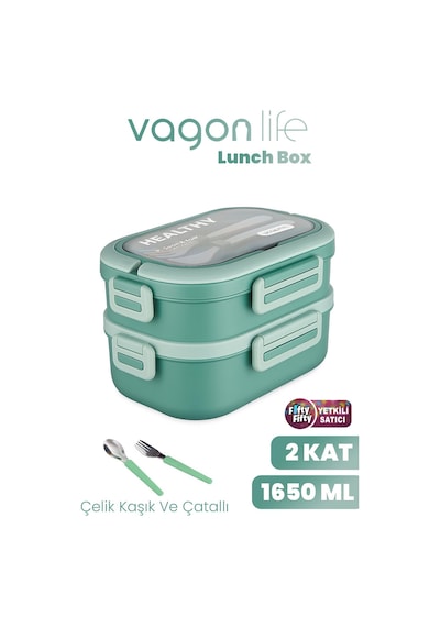 1650 Ml İki Kat Üç Bölme Paslanmaz Çelik Lunch Box Yeni Nesil Sefer Tası - Kaşık Ve Çatallı -6715 Yeşil