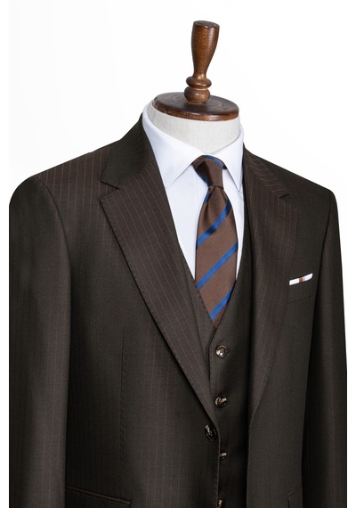 İlayda Emir Luxury, İtalyan Kesim, Slim Fit, Blazer, Çizgili, Erkek Takım Kahverengi