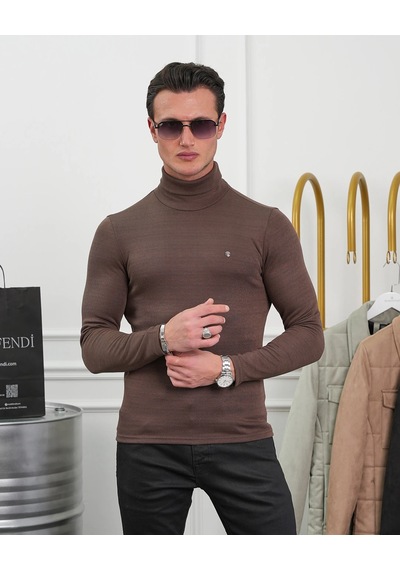 Modefendi Slim Fit İtalyan Kesim Tam Balıkçı Boğazlı Kazak Koyu Kahve