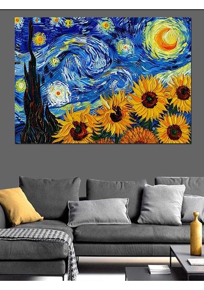 Van Gogh Yıldızlı Gece Ayçiçekleri Dekoratif Kanvas - Mdf Ahşap Tablo