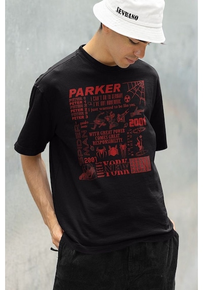 Peter Parker 2001 Spider-man Baskılı Unisex Oversize Marveel Tişö Siyah