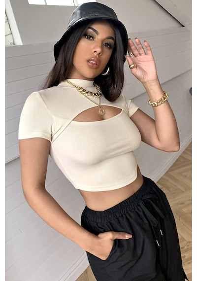 Angbutik Kadın Ekru Göğüs Dekolteli Yarım Kollu Cut Out Crop Top Bluz