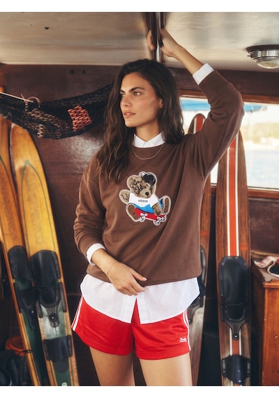 Onloox Kadın Kahverengi Kahverengi Pamuklu Bisiklet Yaka Salaş Kesim Teddy Nakış İşlemeli Sweatshirt