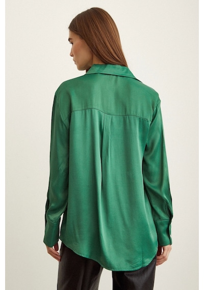 Never More Saten Gömlek Benetton Yeşili Yeşil