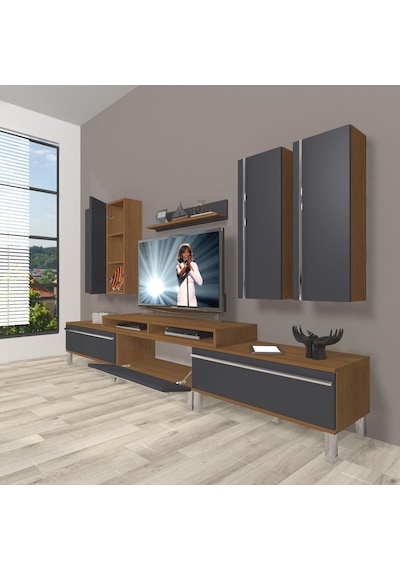 Decoraktiv Ekoflex 8d Mdf Krom Ayaklı Tv Ünitesi Tv Sehpası Ceviz - Antrasit