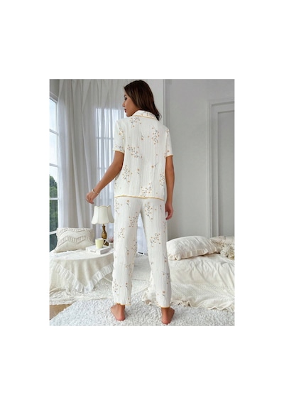 Bella Notte Çiçek Baskılı Cep Detaylı Düğmeli Günlük Pijama Takımı Beyaz