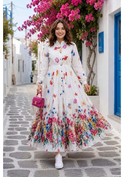 Hb Harma Time Butik Kadın Düğmeli Çiçek Desenli Modal Beyaz Elbise Beyaz Beyaz