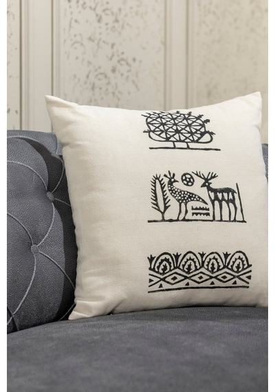 Hitit Desen El Baskısı Kırlent Kılıfı 2 Li Set 45x45 Cm %100 Organik Hambez Kumaş Ekru - 678650351 Ekru