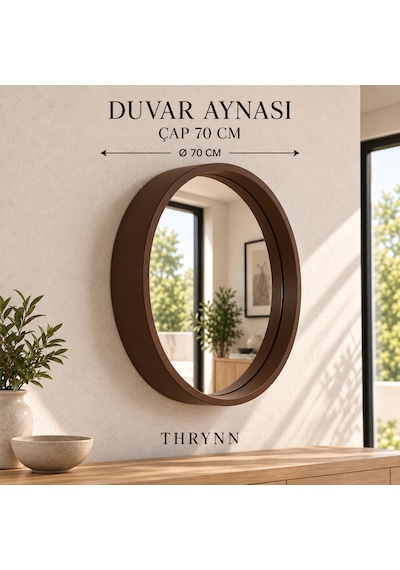 Dekoratif Duvar Aynası Yuvarlak Çerçeveli 70cm Kahverengi Şifonyer Ve Makyaj Masası Üstü Ceviz