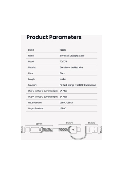 Toocki 240w 2'si 1 Arada Usb-a / Usb-c To Usb-c Hızlı Şarj Ve Veri Aktarım Kablosu 1 Metre