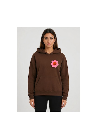 Herkesemoda Emoji Çiçek Baskılı Kapüşonlu 2 İplik Şardonlu Sweatshirt Kahverengi