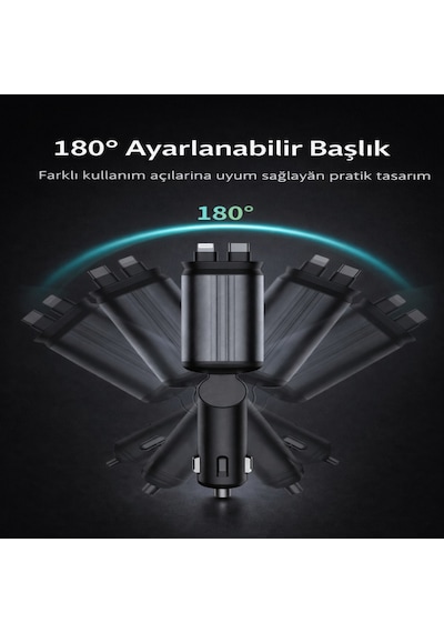 66w Hızlı Araç Şarj Cihazı 4 Ü 1 Arada Geri Çekilebilir Kablolu Type-c Lightning Usb Araç İçi Şarj Adaptörü 12v-24v