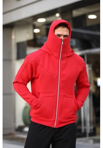 Veraura Lifestyle Erkek Maskeli Ninja Model Çift Kapüşonlu 3 İplik Şardonlu Fermuarlı Sweatshirt - Kırmızı